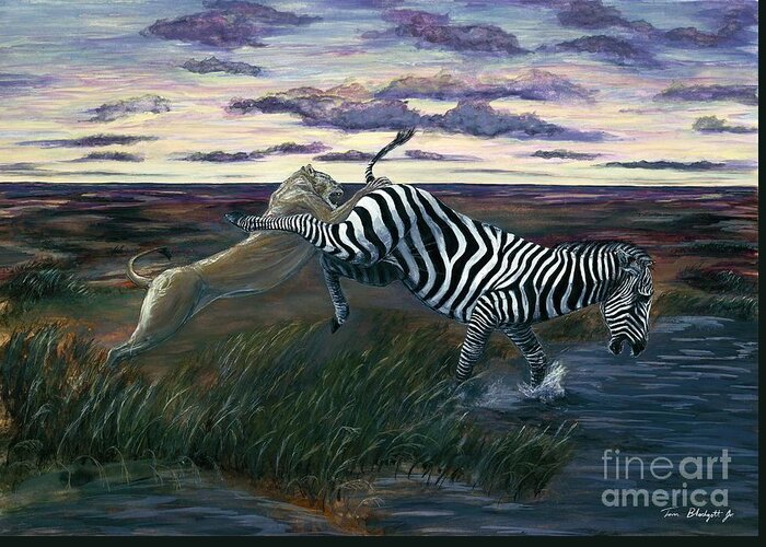 Lion Hunting Zebra Greeting Card featuring the painting The Hunt by Tom Blodgett Jr