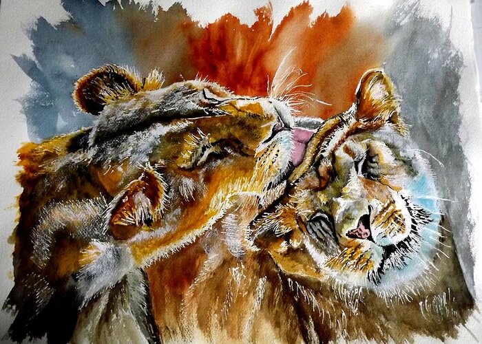 Lions Greeting Card featuring the painting The Kiss by Maris Sherwood