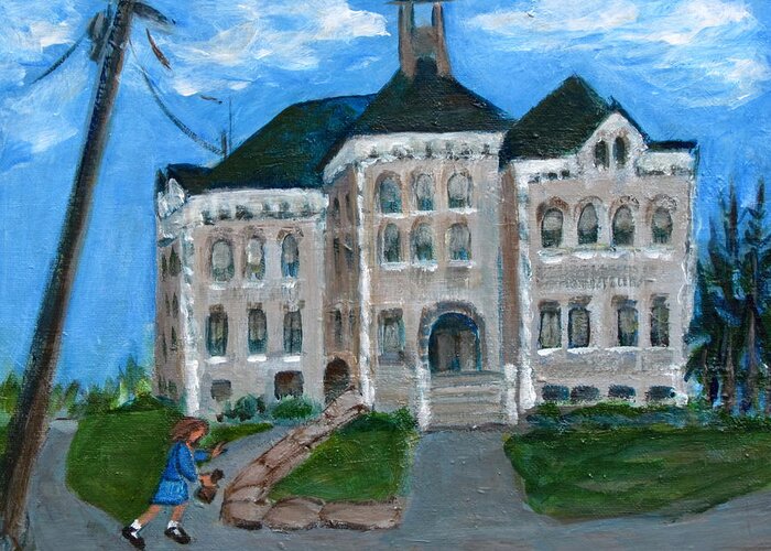 Painting Of Canajoharie Landmark Greeting Card featuring the painting The Last Bell at West Hill School by Betty Pieper