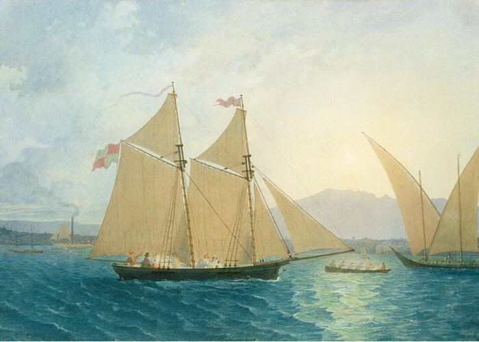 Boat; Boats; Sails; Sailing; Rowing; Flag; Yacht; Yachting; Boating; Mountains; Swiss City; Switzerland; Launching Greeting Card featuring the painting The Launch La Sociere on the Lake of Geneva by Francis Danby