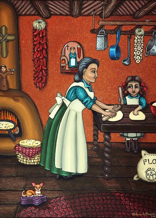 Folk Art Greeting Card featuring the painting The Lesson or Making Tortillas by Victoria De Almeida