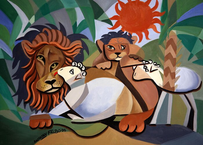 The Lion And The Lamb Greeting Card featuring the painting The Lion And The Lamb by Anthony Falbo