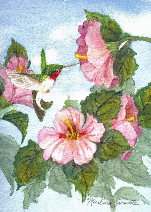 Ruby-throated Hummingbird Greeting Card featuring the painting The Little Sipper by Marlene Schwartz Massey