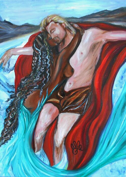  Fantasy Greeting Cards Greeting Card featuring the painting The Mermaid - Love Without Boundaries- Interracial Lovers Series by Yesi Casanova 