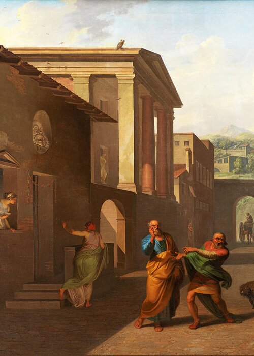 Nicolai Abraham Abildgaard Greeting Card featuring the painting The Midwife Taking Leave of the girl from Andros. From Terence's Andria by Nicolai Abraham Abildgaard