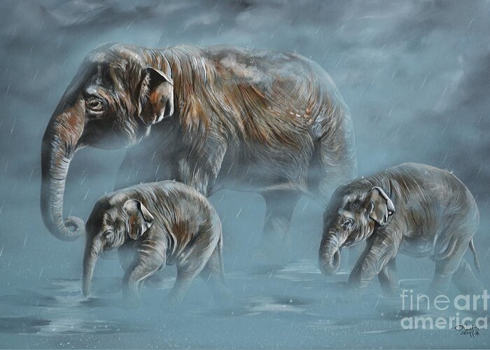 Asian Elephants Greeting Card featuring the painting The Mist by Lachri