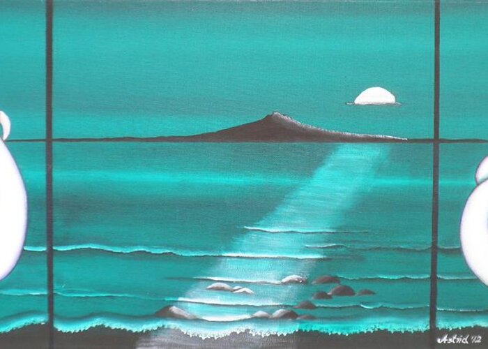 Nz Greeting Card featuring the painting The Moon over Rangitoto by Astrid Rosemergy