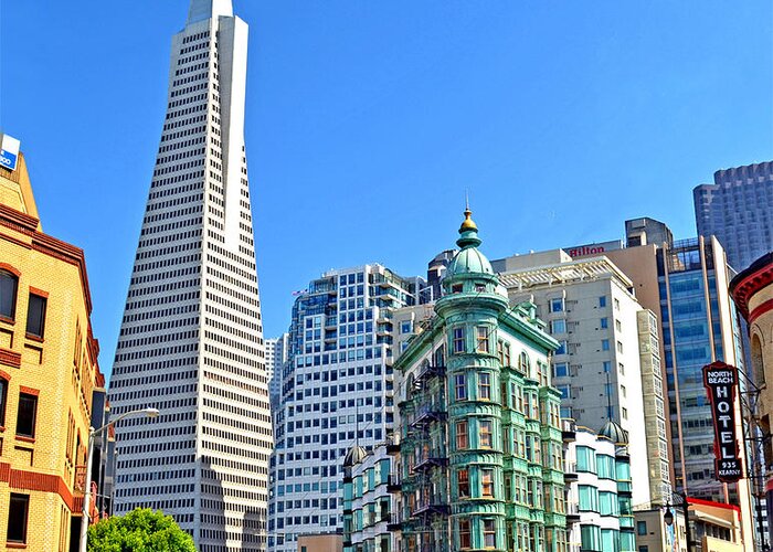Transamerica Pyramid Greeting Card featuring the photograph The Old and the New the Columbus Tower and the Transamerica Pyramid II by Jim Fitzpatrick