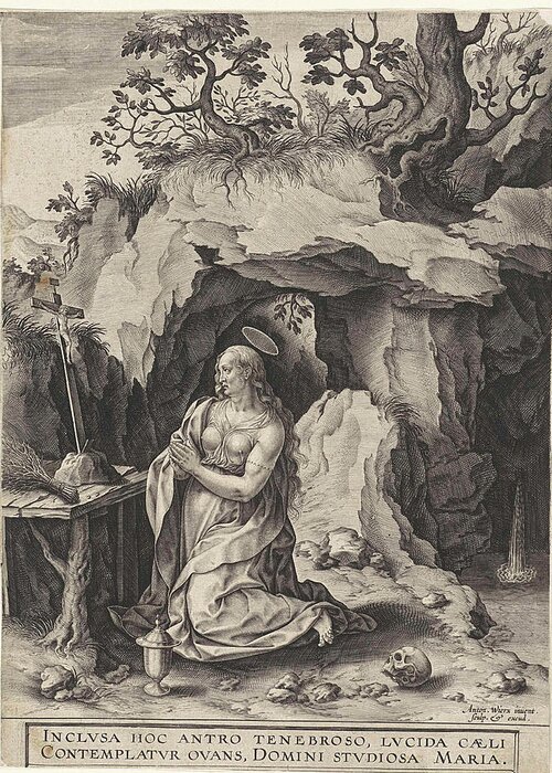 Penitent Greeting Card featuring the drawing The Penitent Mary Magdalene, Antonie Wierix II by Antonie Wierix Ii