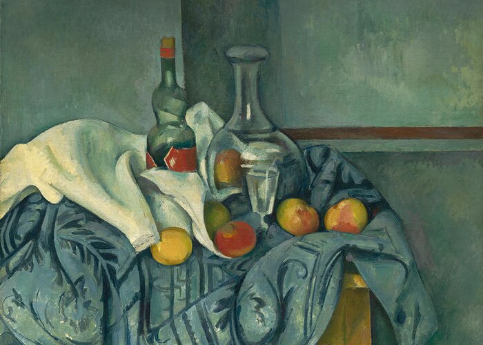 Post-impressionist; Fruit; Still; Life; Table; Apple; Glass; Tablecloth; Decanter Greeting Card featuring the painting The Peppermint Bottle by Paul Cezanne