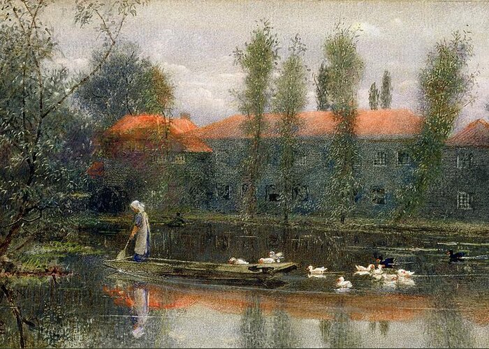 Boat Greeting Card featuring the drawing The Pond Of William Morris Works by Lexden L. Pocock