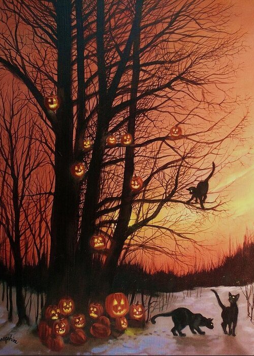Black Cats Greeting Card featuring the painting The Pumpkin Tree by Tom Shropshire