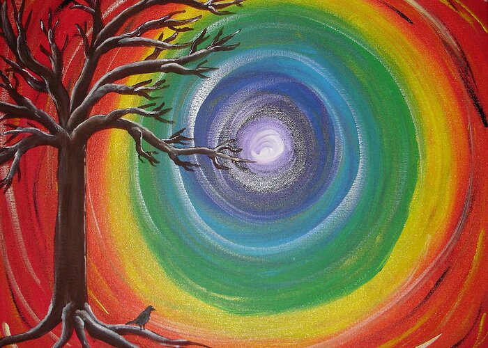Rainbow Greeting Card featuring the painting The Rainbow Tunnel with Tree of Life by Angie Butler
