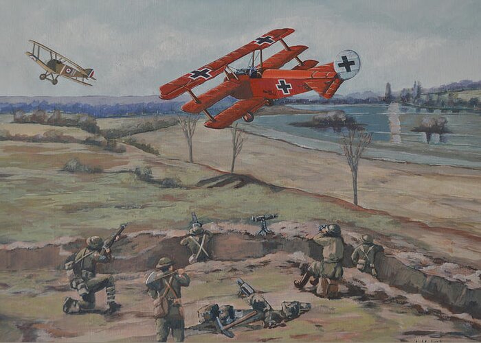 Military Art Greeting Card featuring the painting The Red Baron's last combat by Murray McLeod