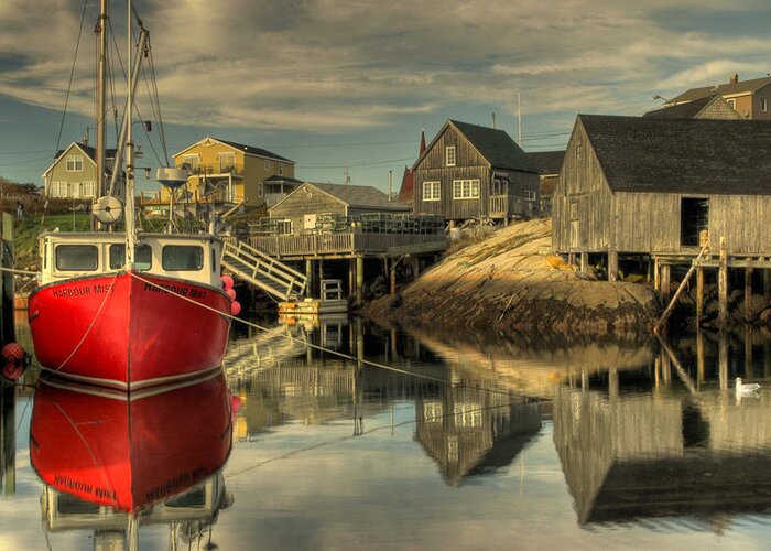 Rob Huntley Greeting Card featuring the photograph The Red Boat at Peggys Cove by Rob Huntley