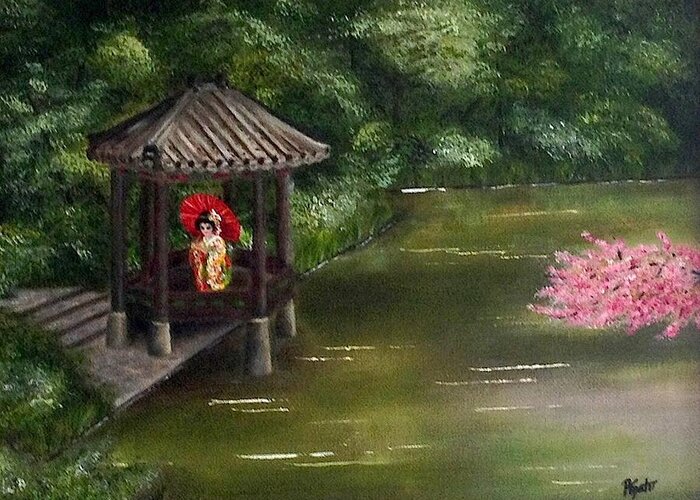 Japanese Landscape Canvas Print Greeting Card featuring the painting The Red Parasol by Dr Pat Gehr