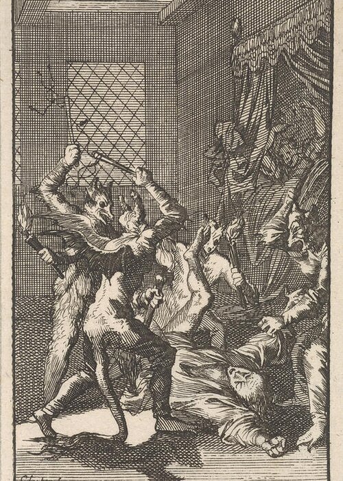 Fighting Greeting Card featuring the drawing The Registrar Is Attacked By Four Men Dressed As Devils by Caspar Luyken And Jan Claesz Ten Hoorn