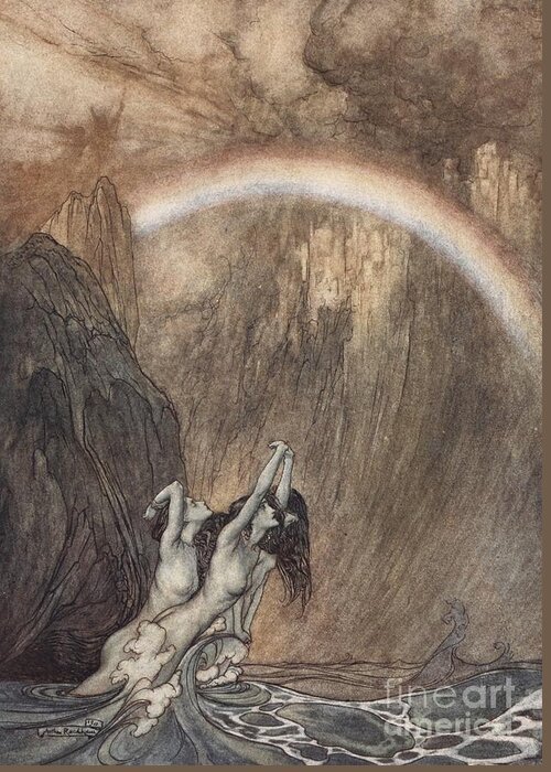 Der Ring Des Nibelungen; The Ring Of The Nibelung; Myth; Legend; Opera; The Ring Cycle; Das Rheingold; Richard Wagner; Viking; Norse Mythology;sorrow; Weeping; Rainbow; Cliffs; Water; River Rhine; Mermaids; Mermaid; Rhinemaiden;water-nymphs; Nymphs; Rhine Maidens; Woglinde; Wellgunde; Flosshilde; Despair;atmosphere Greeting Card featuring the drawing The Rhine s fair children Bewailing their lost gold weep by Arthur Rackham
