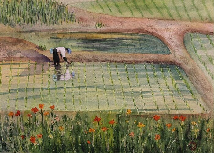 Fields Greeting Card featuring the painting The Rice Planter by Kelly Miyuki Kimura