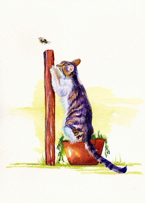 Cat Greeting Card featuring the painting The Scratching Post by Debra Hall