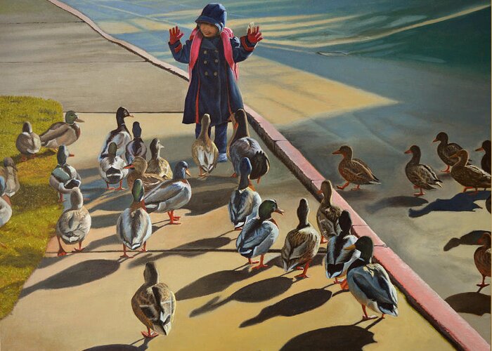 Duck Greeting Card featuring the painting The Sidewalk Religion by Thu Nguyen