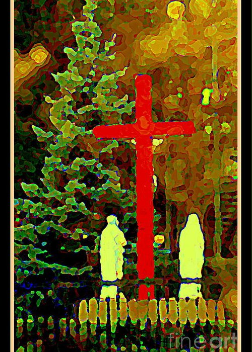  Greeting Card featuring the painting The Single Cross - A Simple Shrine Notre Dame De Lourdes - Red Cross At The Grotto - Carole Spandau by Carole Spandau