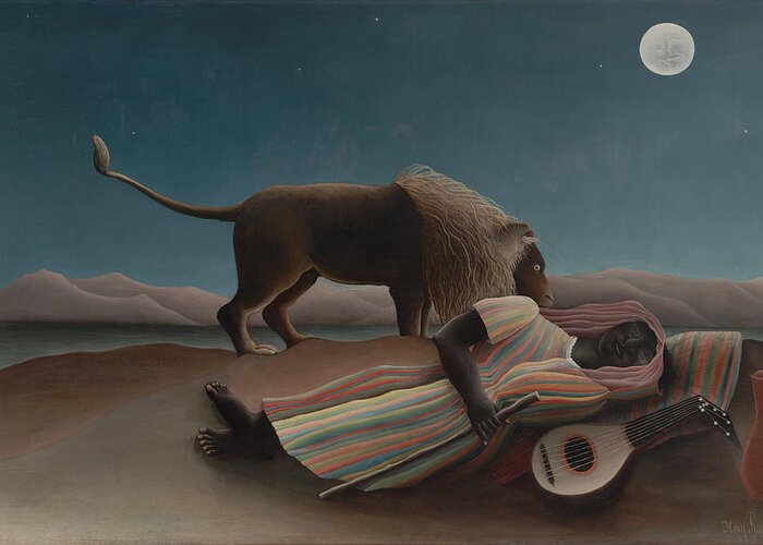 Henri Rousseau Greeting Card featuring the painting The Sleeping Gypsy by Henri Rousseau
