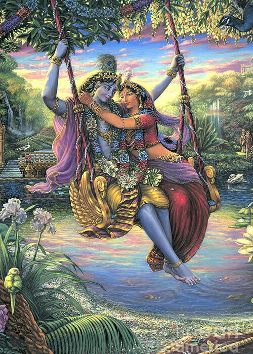  Radha Krishna Swing Greeting Card featuring the painting The Swing Pastime 2 by Vishnu Das