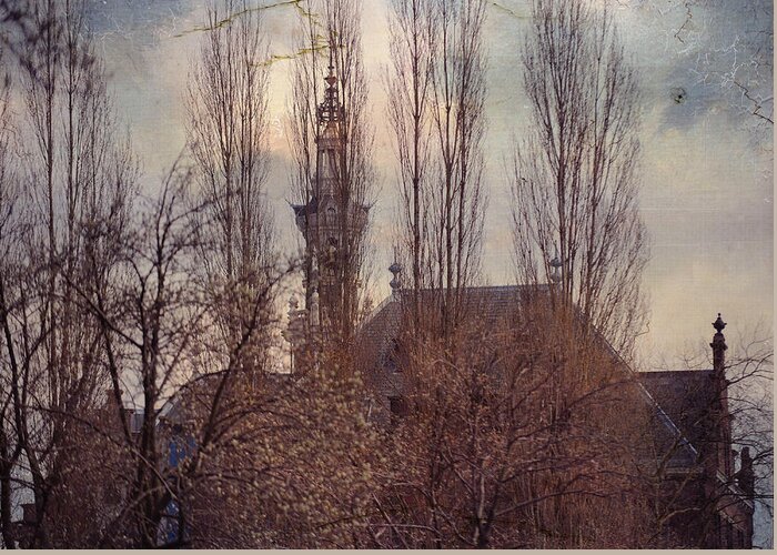 Spring Greeting Card featuring the photograph The temple bell dies away 2. Pink Spring in Amsterdam by Jenny Rainbow