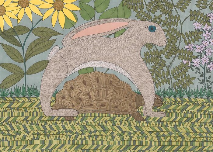 Aesop's Fables Greeting Card featuring the drawing The Tortoise and the Hare by Pamela Schiermeyer