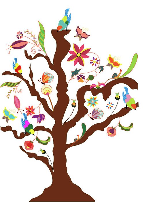 White Background Greeting Card featuring the digital art The Tree Of Flowers And Birds by Simona Dumitru