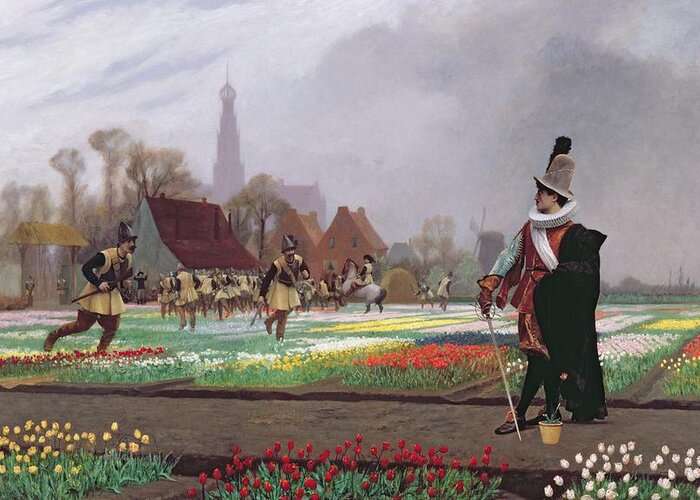 Soldiers; Soldier; Ruff; Hat; Traditional Costume; Dutch; Cathedral Tower; Playing; Fields Of Tulips; Field; Colorful; Crop; Farm; Path; Horticulture; Holland; Commodity; Tulipomania Greeting Card featuring the painting The Tulip Folly by Jean Leon Gerome