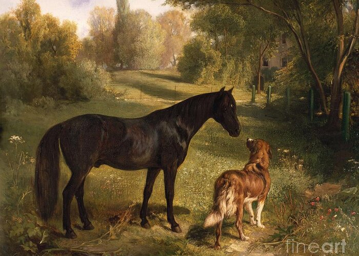 Black Horse Greeting Card featuring the painting The two friends by Adam Benno