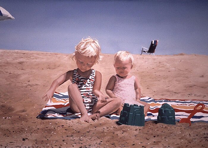 The Beach Greeting Card featuring the painting The Two Sisters by David Zimmerman