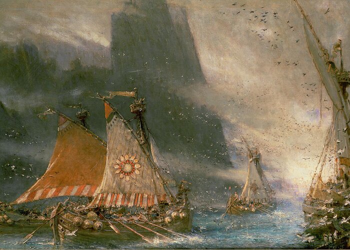Shipping Greeting Card featuring the painting The Viking Sea Raiders by Albert Goodwin