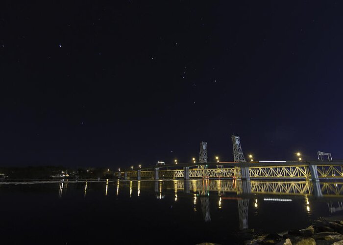 Stars Night Orion Bath Maine Bridge Greeting Card featuring the photograph The Watcher by David Hufstader