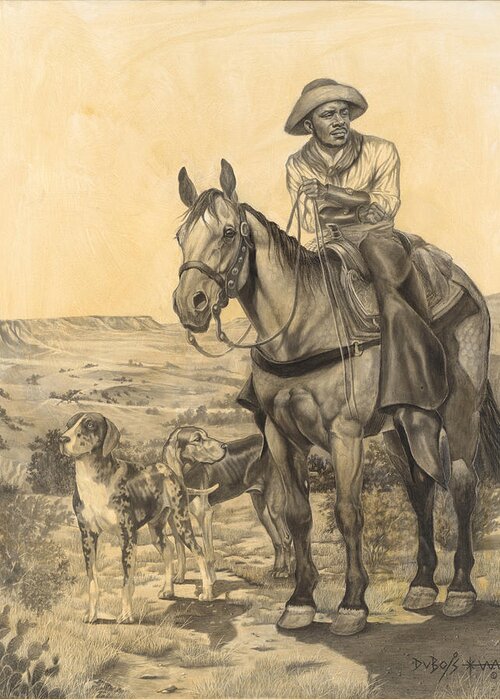Black Cowboy Greeting Card featuring the drawing The Wrangler by Howard DUBOIS