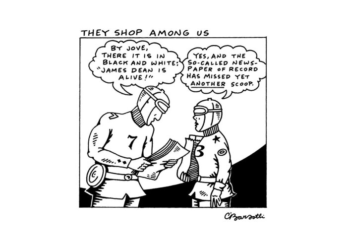 
They Shop Among Us: Title. Man And Woman In Twenties Buck Rogers- Style Uniforms Are Reading A Newspaper And Holding A Bag Of Groceries Greeting Card featuring the drawing They Shop Among by Charles Barsotti