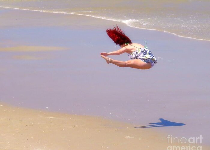 Sandy Beach; Fun; Young Woman; Jumping; Leaping; Into The Air; Touching; Toes; Exhiliration; Whee; Whimsy; Beachfront; Beautiful Girl; Usa; American; Lifestyle; Greeting Card featuring the photograph This Girl Has Talent  by Scott Cameron
