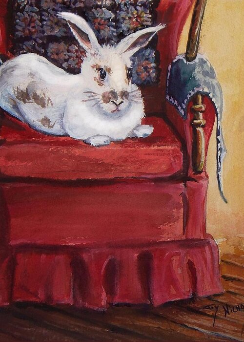 Rabbit Greeting Card featuring the painting This is MY Chair by Joy Nichols