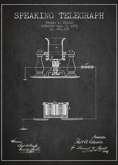 Thomas Edison Greeting Card featuring the digital art Thomas Edison Speaking Telegraph Patent from 1893 - Charcoal by Aged Pixel