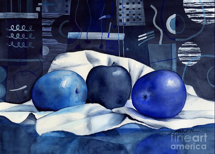 Blue Greeting Card featuring the painting Three Apples by Hailey E Herrera