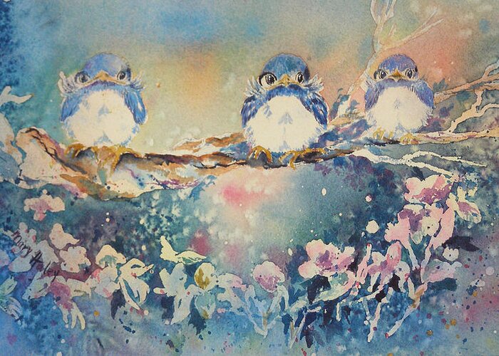 Blue Greeting Card featuring the painting Three Blue Birds by Mary Haley-Rocks