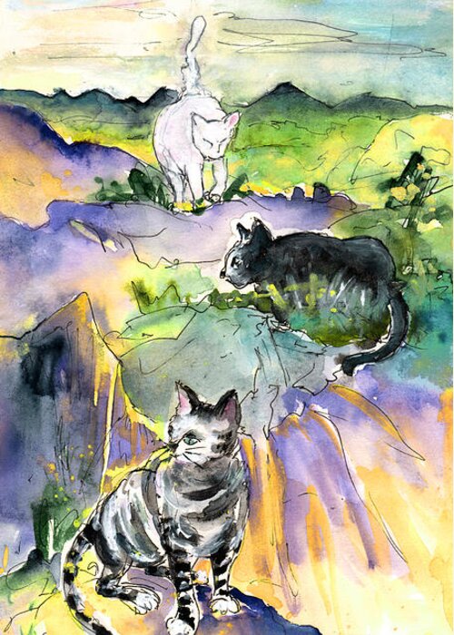 Travel Greeting Card featuring the painting Three Cats on The Penon de Ifach by Miki De Goodaboom