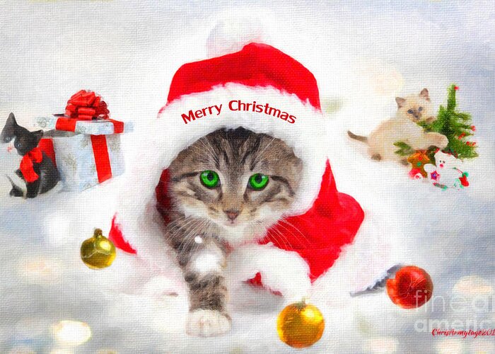 Seasons Greeting Card featuring the painting Three Christmas Kittens by Chris Armytage