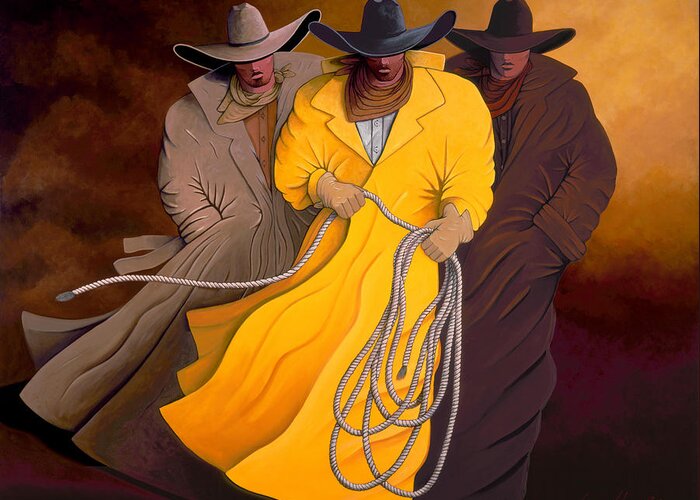 Three Greeting Card featuring the painting Three Cowboys by Lance Headlee