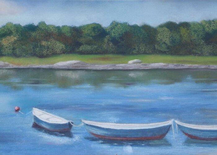 Maine Greeting Card featuring the pastel Three Dories by Carol Corliss