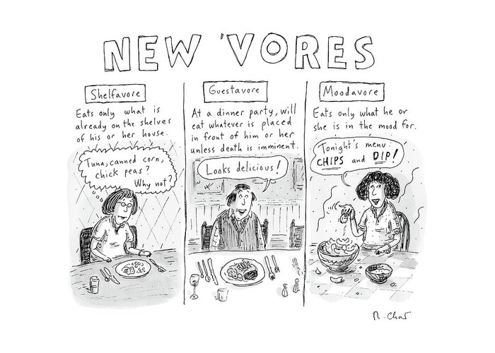 Omnivore Greeting Card featuring the drawing Three Eaters In Three Panels: The Shelfavore by Roz Chast
