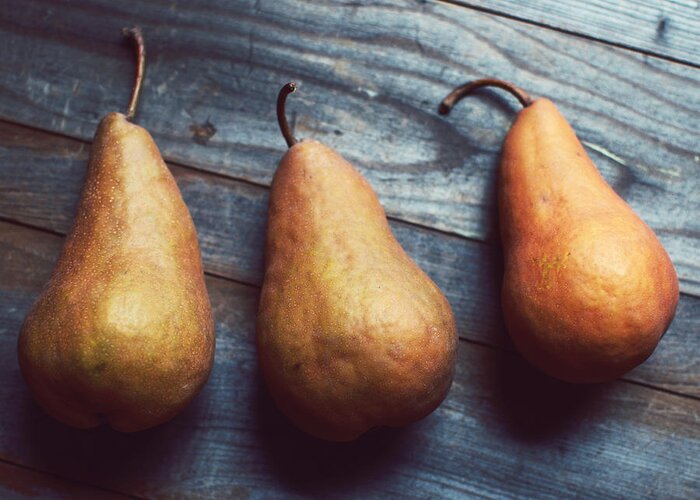 Food Photograph Greeting Card featuring the photograph Three Gold Pears by Lupen Grainne