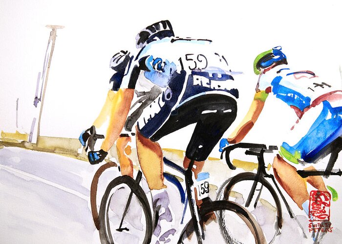 Bike Greeting Card featuring the painting Three in Front by Shirley Peters